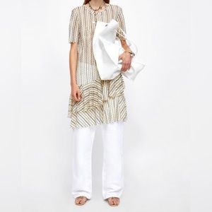 Zara Dress Womens Medium W B Collection Blue Tan Striped Ruffle Short sleeve